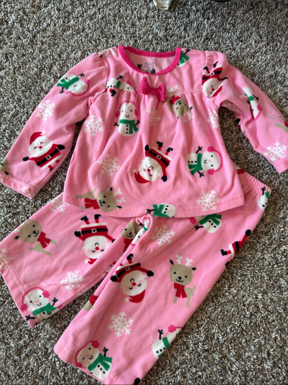 Pink Holiday Fleece Kids Pajama Set with Festive Snowman & Reindeer